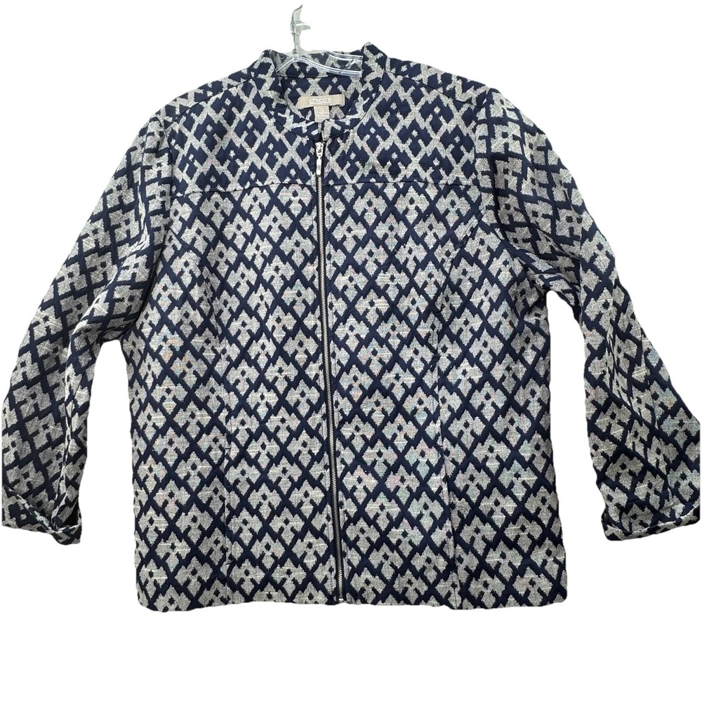 Chico's 3 Full Zip Up Top Women's Sz 16 XL Blue Printed Classic Chic Coastal